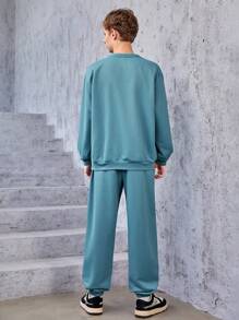 SHEIN Teen Boy Cartoon Graphic Pullover & Sweatpants - Green - View 2