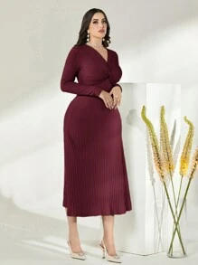 Modelyn Burgundy Red Twist Front Ribbed Knit Dress - Burgundy - View 3