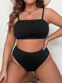 SHEIN Swim Curve Plus Solid Bandeau Bikini Set - Black - View 3