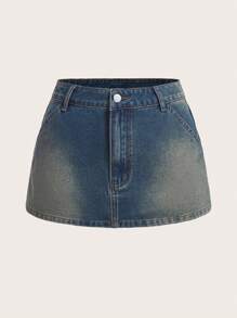 SHEIN MOD Coolmax Washed Denim Skirt - Medium Wash - View 1