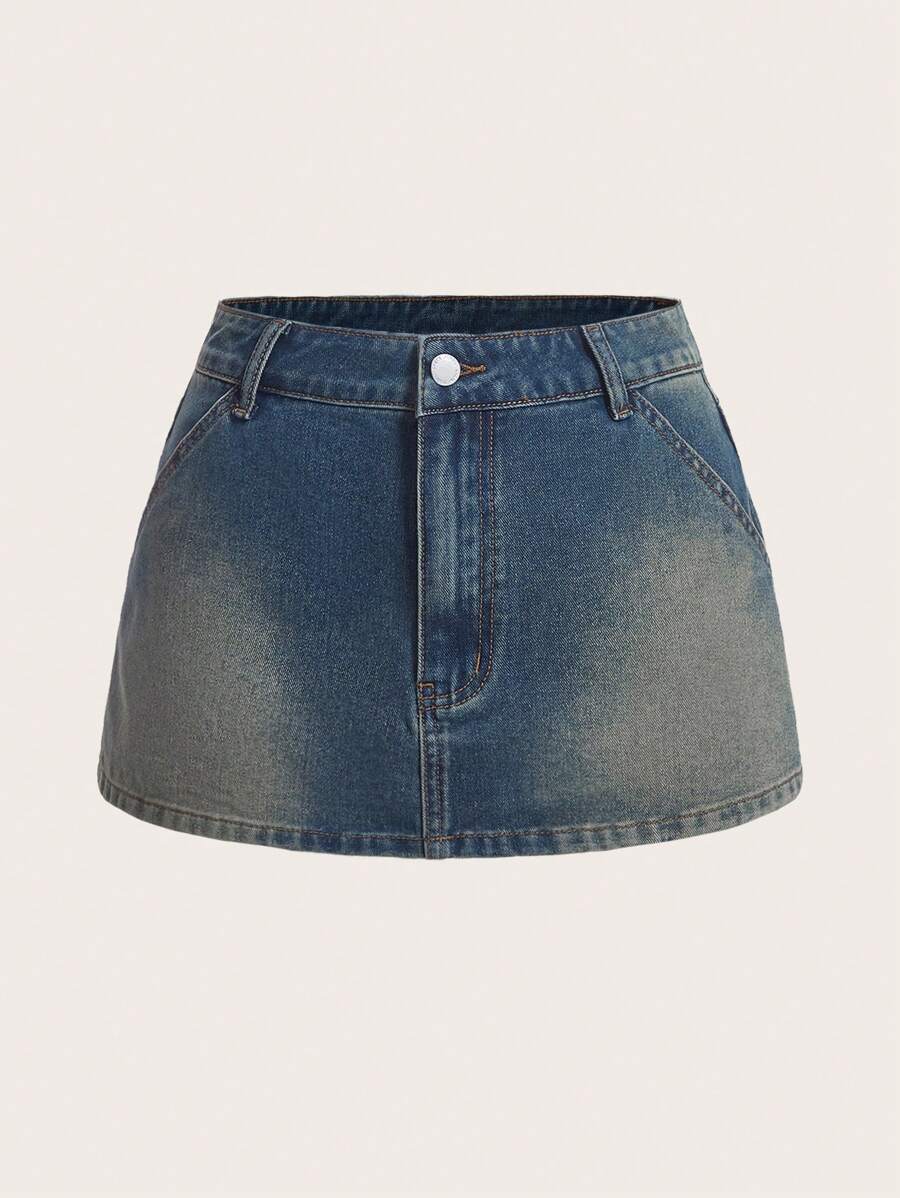 SHEIN MOD Coolmax Washed Denim Skirt - Medium Wash - View 1
