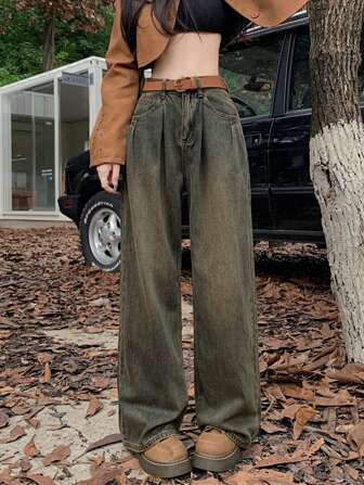 Solid Wide Leg Jeans Without Belt