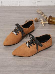 女式時尚流行大碼尖頭繫帶百搭舒適平底鞋棕色 - 棕色 - 查看 3