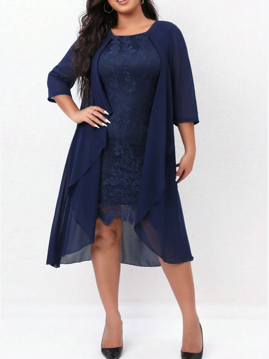Plus Contrast Lace Asymmetrical Hem Dress - Navy Blue - View 1