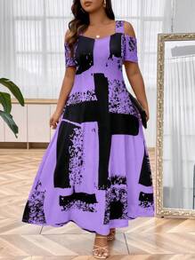 Plus Graphic Print Cold Shoulder Dress Maxi Women Outfit - Purple - View 1