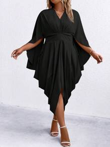 SHEIN Clasi Plus Solid Batwing Sleeve Twist Front Asymmetrical Hem Dress - Black - View 3