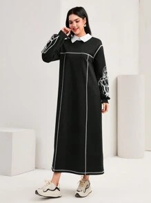 Mulvari 花卉印花撞色領燈籠袖洋裝 - 黑色 - 查看 4