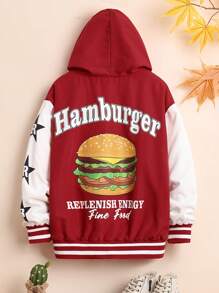 SHEIN Tween Boy Hamburger & Letter Graphic Two Tone Hooded Jacket - Red - View 3