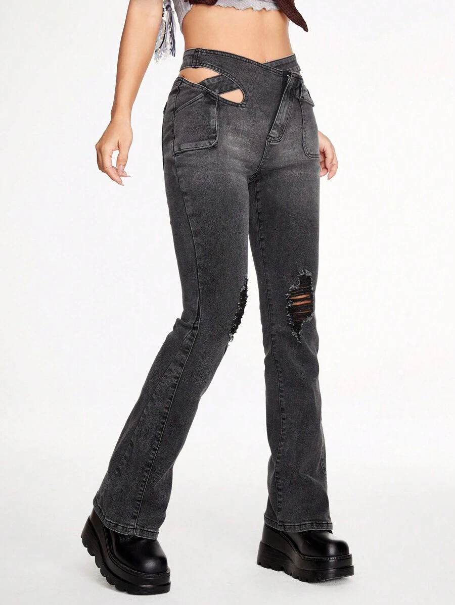 SHEINNeu Cut Out Waist Ripped Flare Leg Jeans - Black - View 1
