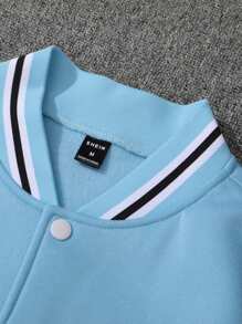 Manfinity Homme Men Slogan Graphic Striped Trim Varsity Jacket, Light Blue Going Out Friends Graphic Long Sleeve Baseball Color Block Lightweight Jacket, For Friends, Husband, Boyfriend Gifts - Blue - View 4