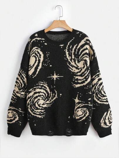 ROMWE Hippie Graphic Pattern Drop Shoulder Sweater, School,Long Sleeve Tops