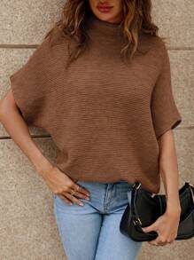 SHEIN LUNE Top de punto de cuello tortuga de manga murciélago - Café integral - Ver 1