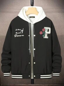 Manfinity Campus Court Loose Fit Men's Striped Trim Floral & Letter Print Bomber Jacket Without Hood - Black - View 1