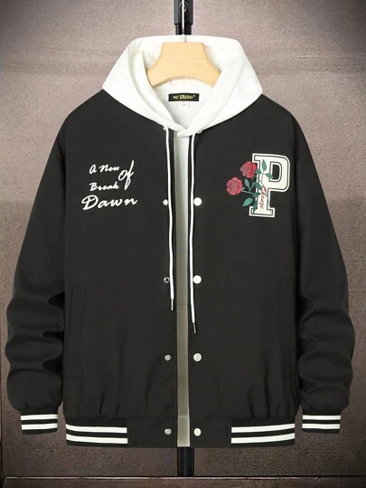 Manfinity Campus Court Loose Fit Men's Striped Trim Floral & Letter Print Bomber Jacket Without Hood