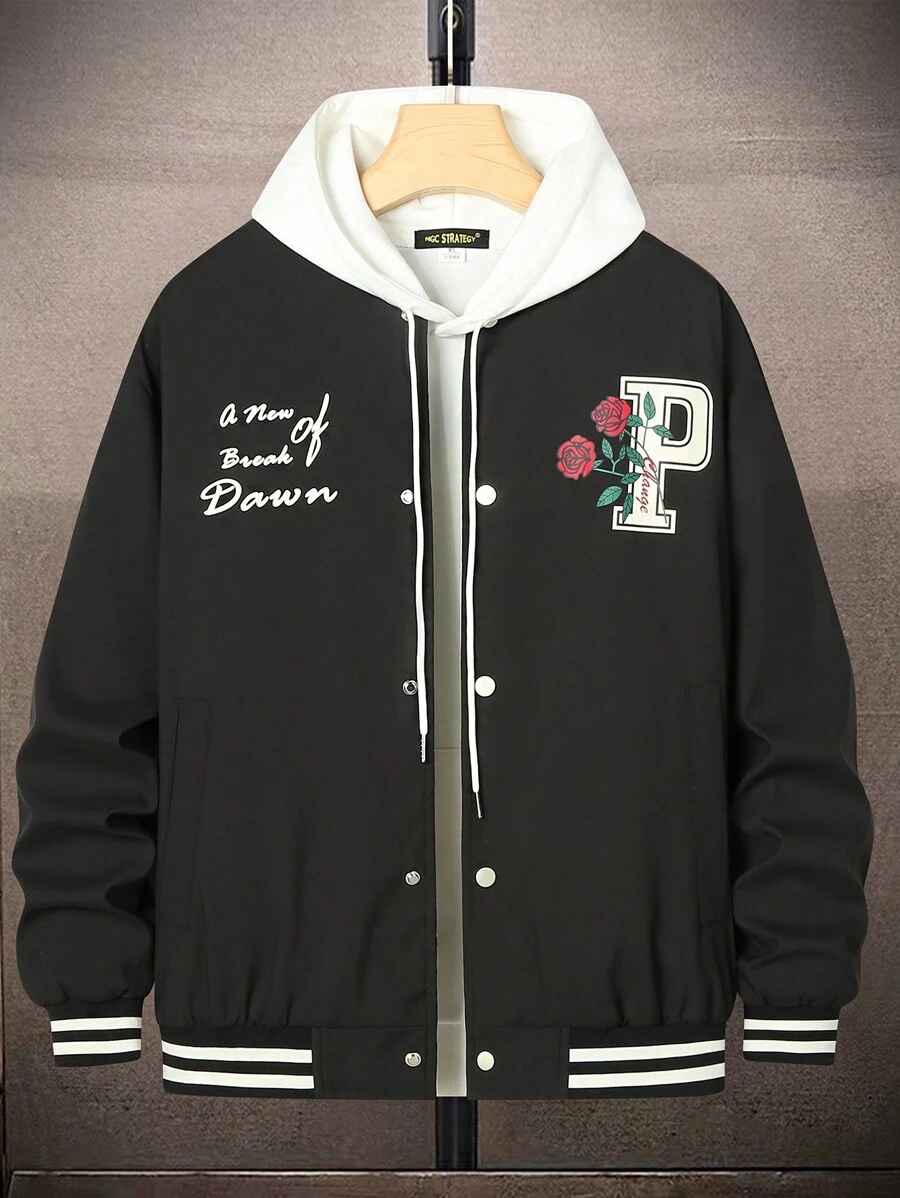 Manfinity Campus Court Loose Fit Men's Striped Trim Floral & Letter Print Bomber Jacket Without Hood - Black - View 1