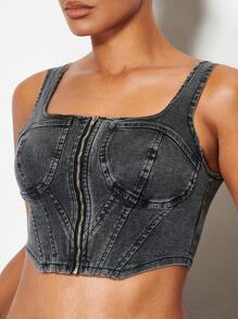 SHEIN BAE 拉鏈開襟緊身上衣短款牛仔上衣 - 灰色 - 查看 5