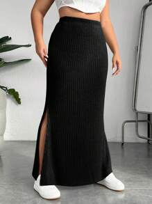 SHEIN EZwear Plus Solid Split Thigh Ribbed Knit Mermaid Hem Skirt - Black - View 4