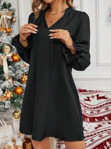 SHEIN LUNE Tie Neck Flare Sleeve Tunic Dress - Black - View 4