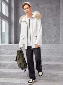 SHEIN Teen Boy Flap Pocket Fuzzy Trim Hooded Coat - White - View 8