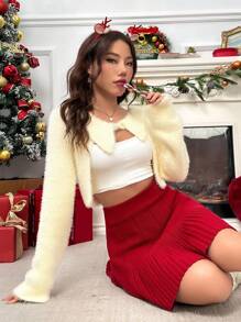 SHEIN Unity 素色絨毛針織短款開衫 - 米色 - 查看 1