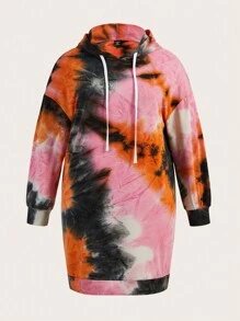 SHEIN LUNE 大碼紮染落肩抽繩連帽洋裝 - 橘色 - 查看 1