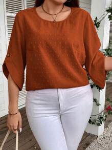 EMERY ROSE Plus Swiss Dot  Summer Shirts Blouse - Brown - View 3