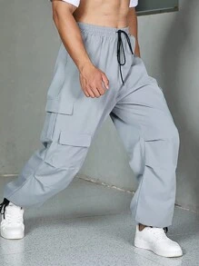 Manfinity EMRG Men's Plus Size Loose Fit Cargo Pants With Flap Pockets, Side Drawstring Waistband - Grey - View 6