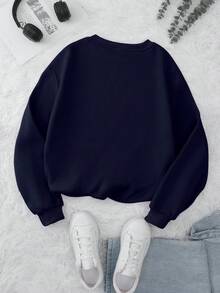 SHEIN EZwear In Bộ xương Lót nhiệt Áo nỉ - Xanh đậm - Xem 2