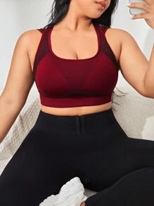 大碼網紗拼接工字運動型胸罩 - 酒紅色 - 查看 1