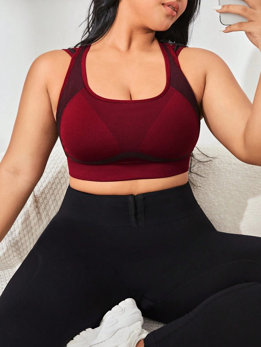 大碼網紗拼接工字運動型胸罩 - 酒紅色 - 查看 1