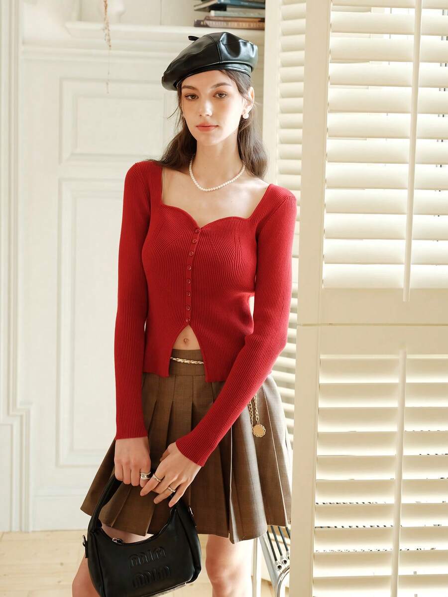 Solid Button Front Crop Cardigan - Red - View 1