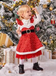 Zestaw kostiumów 2 w 1 i czapki dla dziewczynki z nadrukiem w kształcie serca na Boże Narodzenie - Czerwony i biały - Zobacz 5