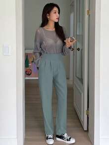 DAZY High Waist Plicated Detail Straight Leg Pants - Cadet Blue - View 6