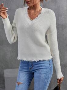 SHEIN LUNE Drop Shoulder Distressed Trim Sweater