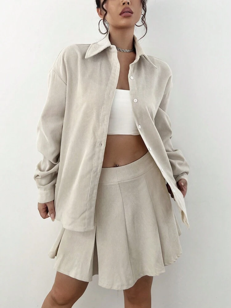 Solid Drop Shoulder Shirt & Pleated Skirt Fall Cloth For Women