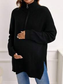 SHEIN Maternity Half Zip Drop Shoulder Split Hem Sweater With Long Sleeve, For Winter