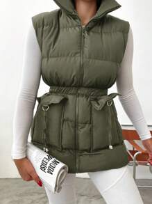 EURMUSE Elastic Waist Zipper Vest Puffer Coat - Dark Green - View 4
