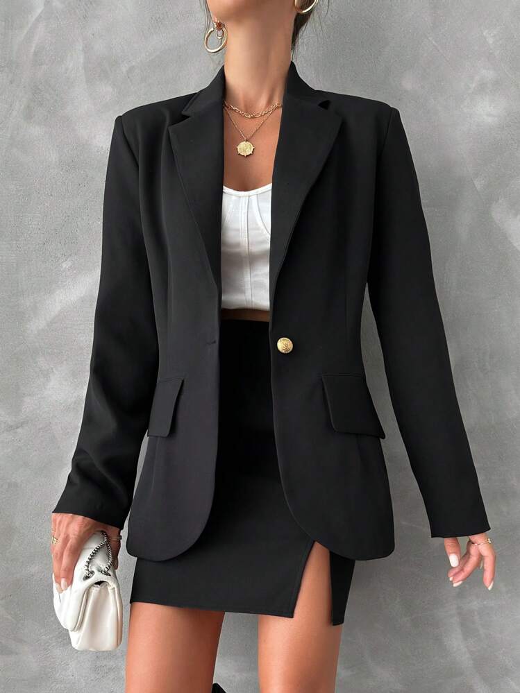 Blazer de cuello con solapa con botón & Falda bajo con abertura - Negro - Ver 1