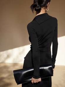 Zip Up Ribbed Knit Cardigan - Black - View 2