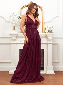 SHEIN Belle Plunging Neck Floor Length Sequins Formal Dress - Red - View 6