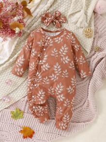 女嬰樹葉印花荷葉邊連身褲和頭巾 - 彩色 - 查看 1