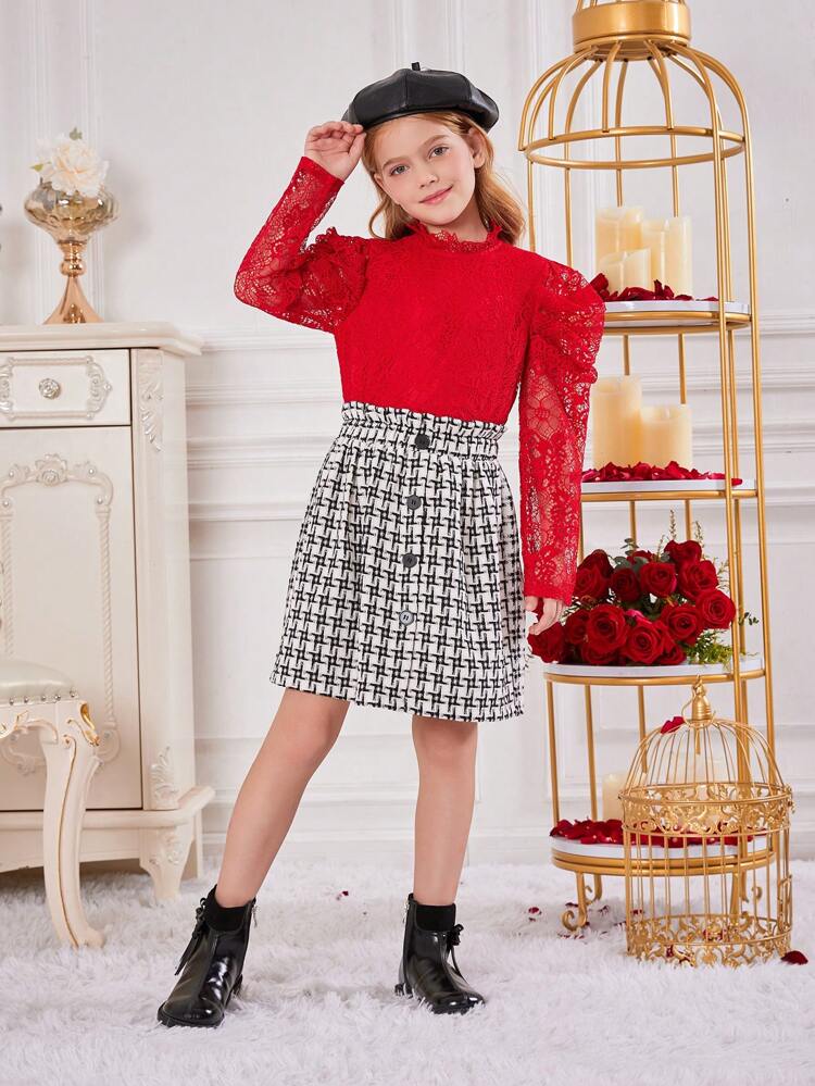 Tween Girl Gigot Sleeve Lace Top & Plaid Print Paperbag Waist Button Front Skirt