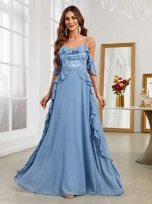 SHEIN Belle 挖肩荷葉邊亮片拼接雪紡伴娘洋裝 - 藍色 - 查看 6