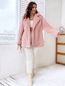 Celure Áo khoác thường ngày bằng len cừu giả ve áo màu trơn cỡ lớn cho nữ - Hồng - Xem 5