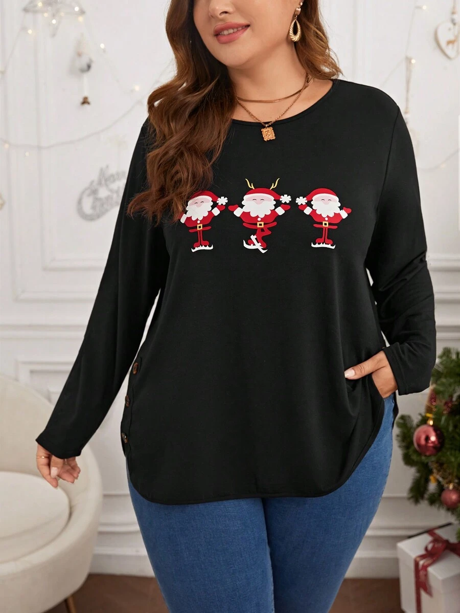 SHEIN LUNE Plus Christmas Print Tee - Black - View 1