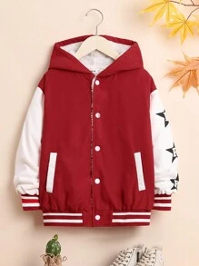 SHEIN Tween Boy Hamburger & Letter Graphic Two Tone Hooded Jacket - Red - View 2
