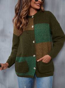 SHEIN LUNE Color Block Dual Pocket Drop Shoulder Cardigan - Multicolor - View 1