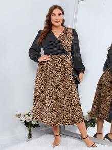 SHEIN Clasi Plus Leopard Print Surplice Neck Lantern Sleeve Dress - Multicolor - View 3