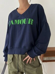 DAZY Letter Graphic Drop Shoulder Sweatshirt - Navy Blue - View 5