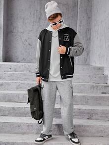 SHEIN 青少年男孩字母貼布條紋飾邊落肩袖學院風夾克 - 彩色 - 查看 10